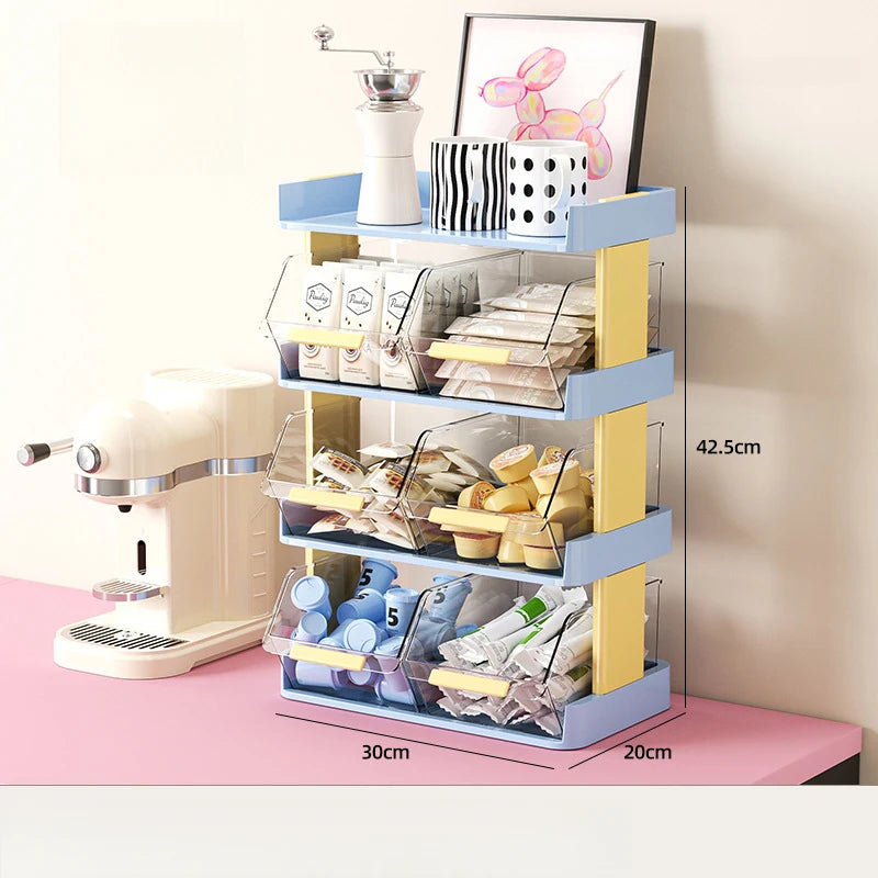 étagère rangement moderne rose verte transparente capsules sachets sucre bouteilles lait tasses station thé