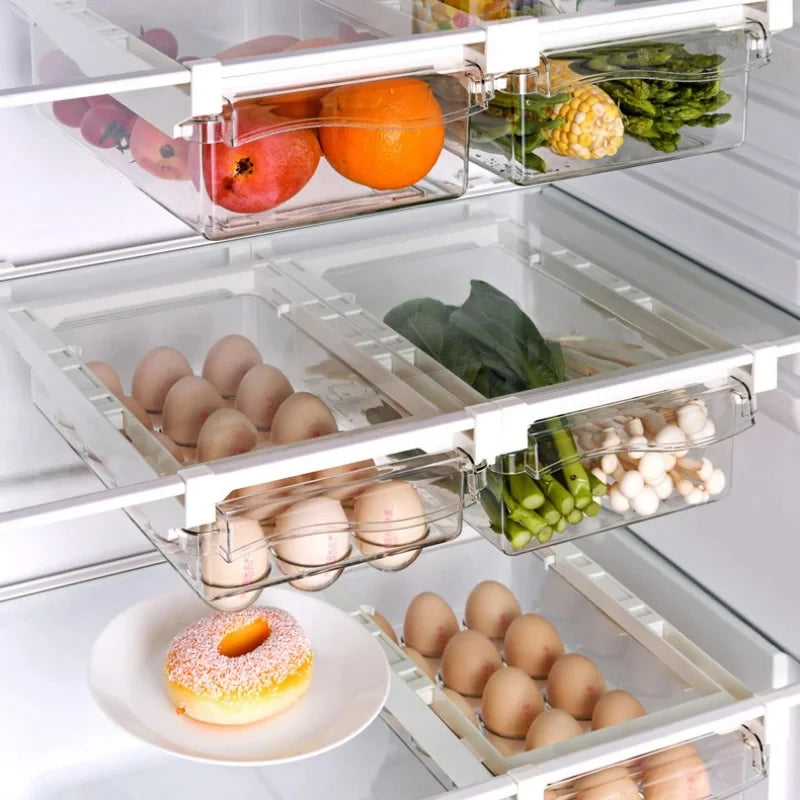 organiseur rangement réfrigérateur transparent clips magnétiques compartiments œufs fruits légumes moderne pratique