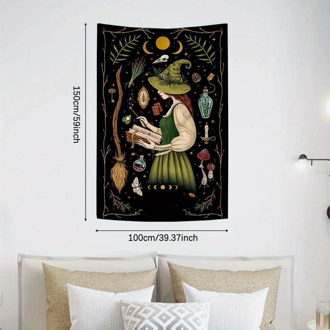 tapisserie murale sorcière motifs magiques astrologiques noir vert chambre salon