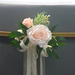décoration mariage rose artificielle ruban eucalyptus feuilles verte chaise égliseextérieur