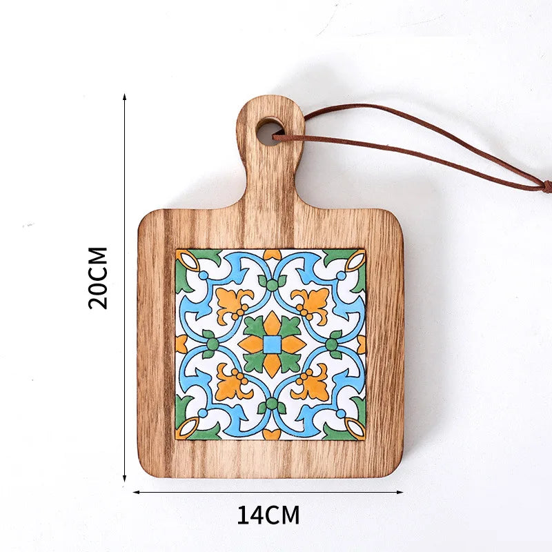 planche découper artisanale motifs floraux colorés cartes d'information bois naturel 20cm 14cm