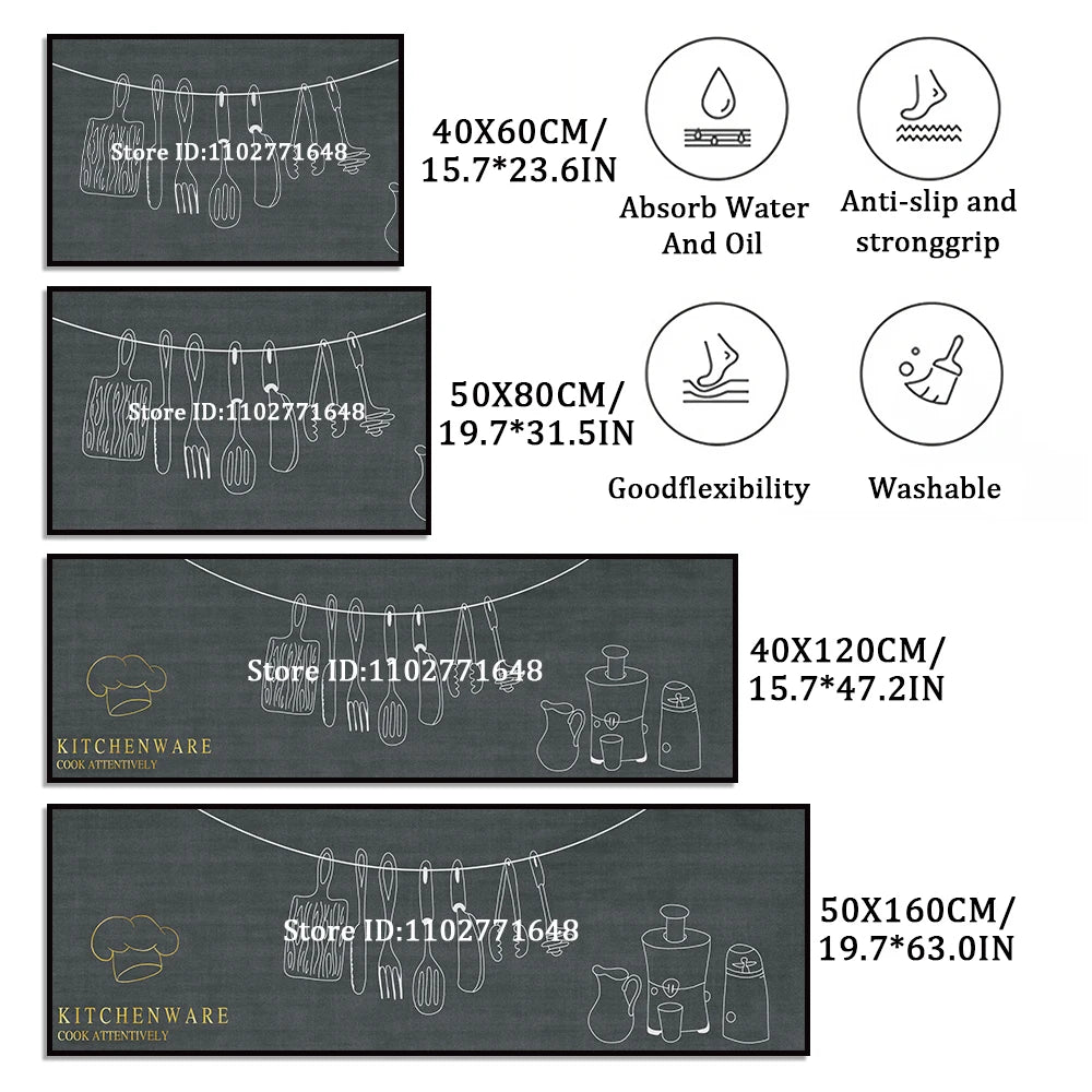tapis cuisine gris foncé illustrations ustensiles géométrique moderne antidérapant PVC 40x60cm 50x80cm