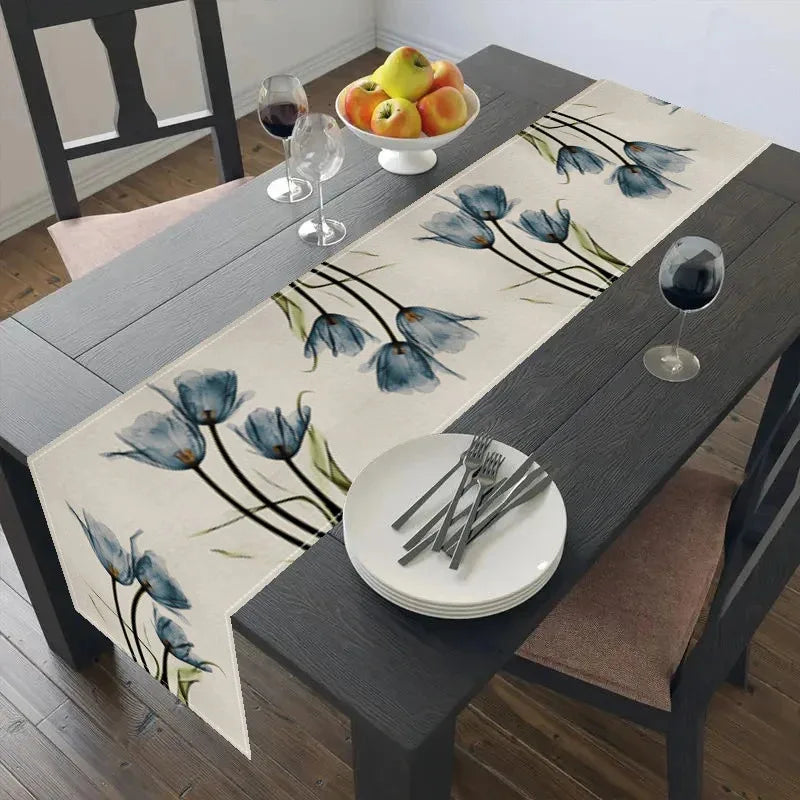 nappe lin bleu beige fleurs tulipes aquarelle moderne table runner déco