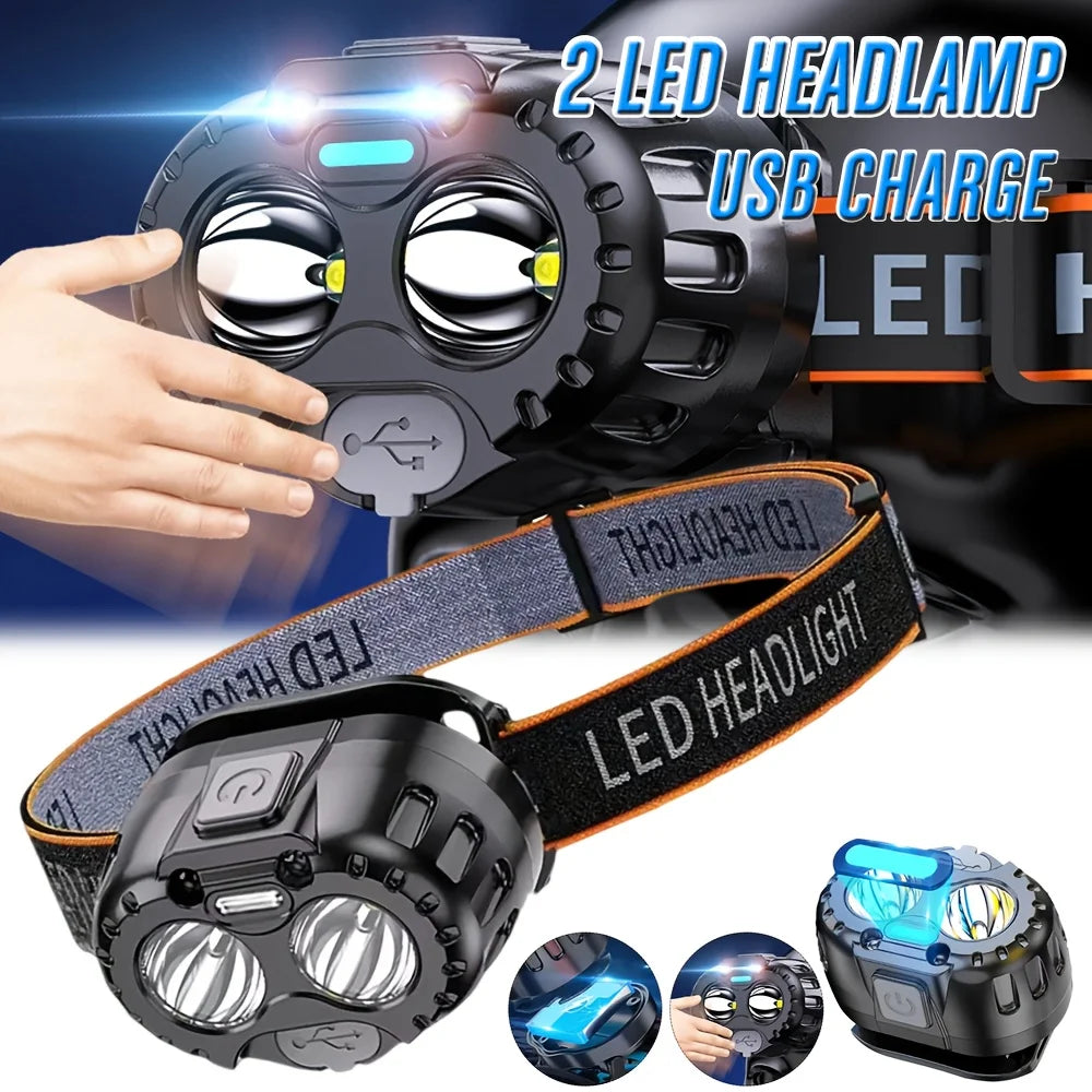 lampe frontale led rechargeable usb super lumineuse noire gris orange texturée détails métalliques moderne