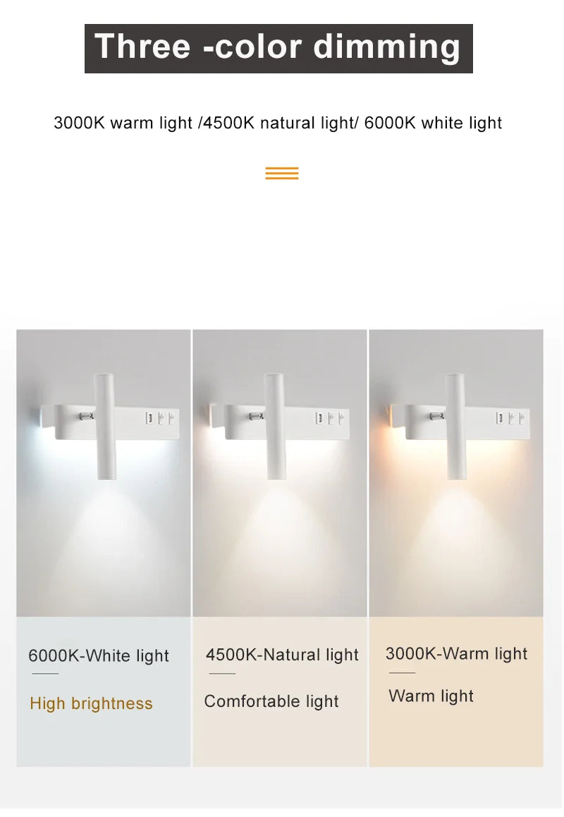 lampes murales led modernes usb rechargeable rotation 350° blanc noir