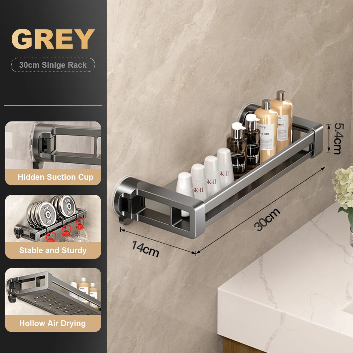 étagère salle bain ventouse aluminium moderne gris minimaliste porte serviette suction cachée