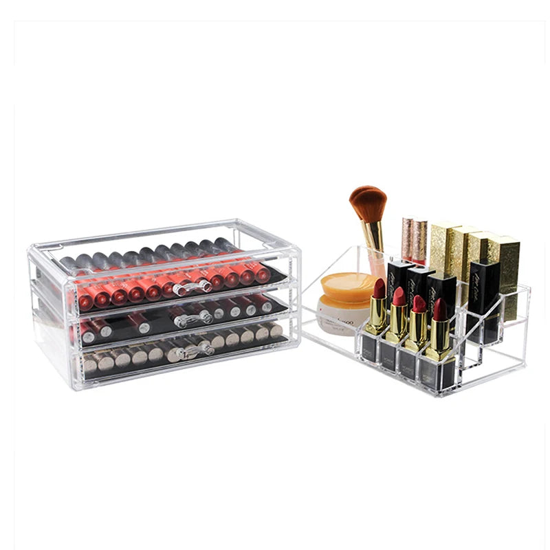 boîtes rangement cosmétiques transparentes moderne poignées 12 compartiments crayons tiroirs rouges lèvres pinceau crème
