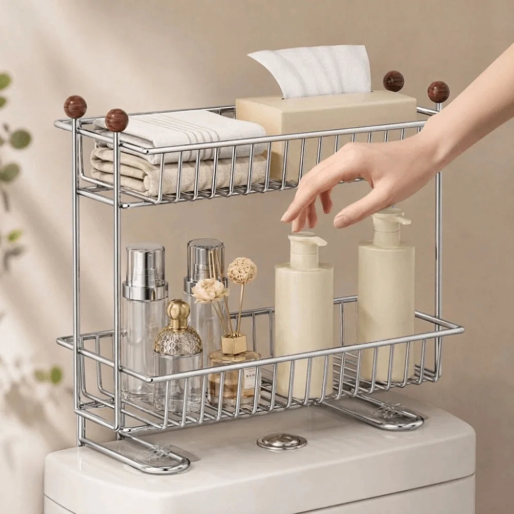 étagère deux niveaux chrome filet métallique moderne clips papier toilette serviettes flacons parfum lotion