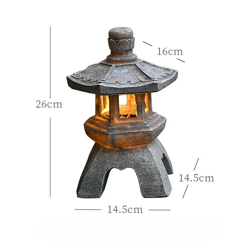 lanternes solaires décoratives japonais traditionnel gris foncé lumiere orangée aspect pierreux zen retro