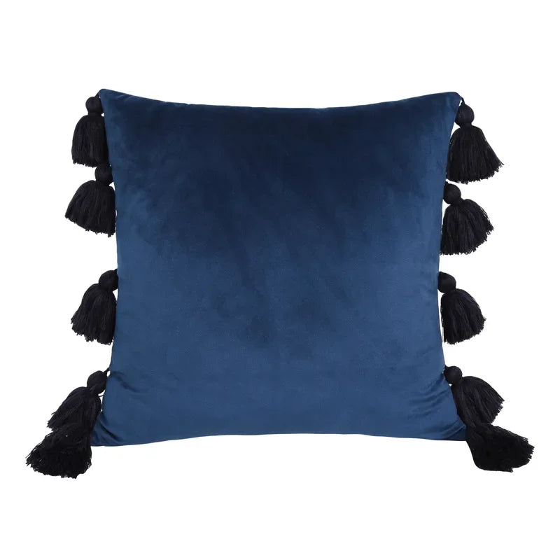 housse coussin velours moderne bohème couleur unie pompon décoratif 45x45cm