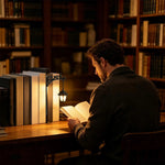 lampe lecture vintage noire ornementation florale classique bibliothèque livres reliés lumière chaude transparente métal