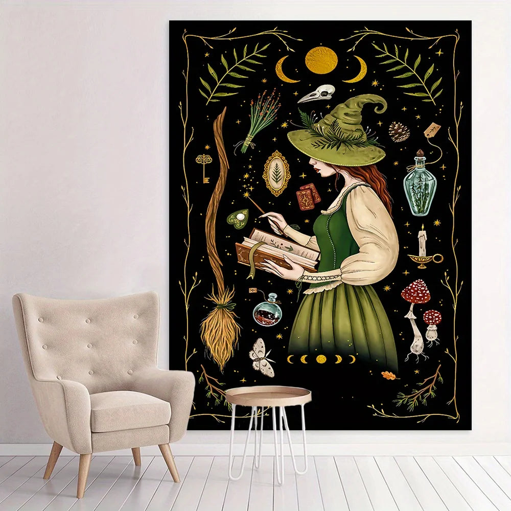 tapisserie murale sorcière motifs magiques astrologiques noir vert chambre salon