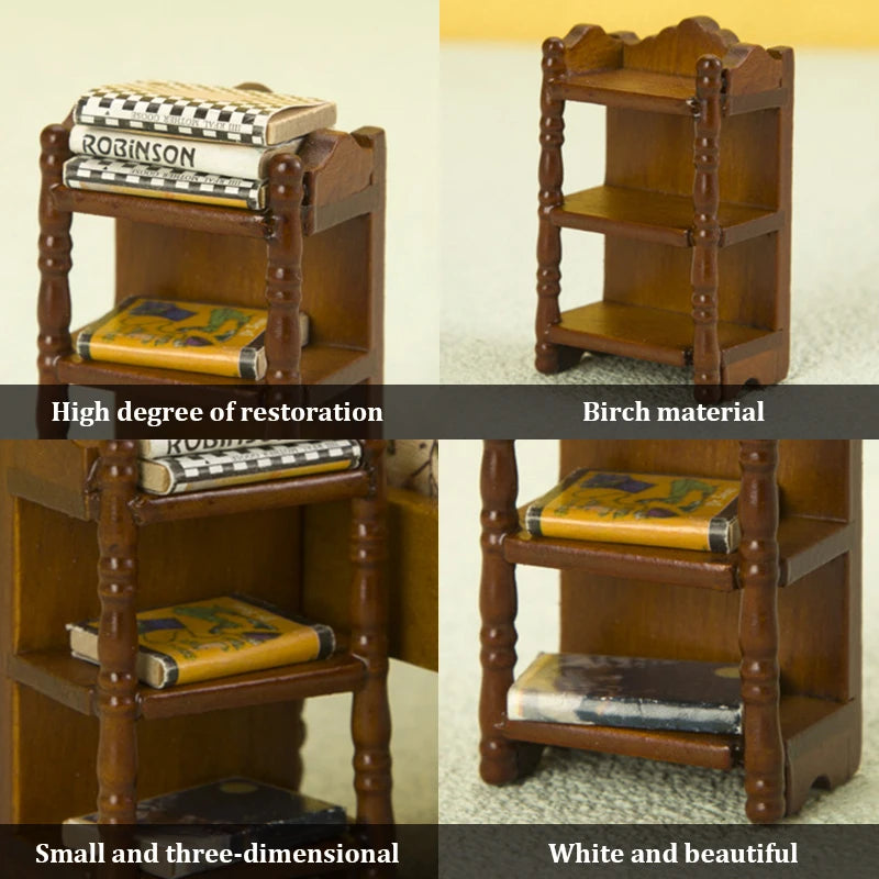 miniature bibliothèque bois étagères sculptées livres miniatures classique pièce maison poupée