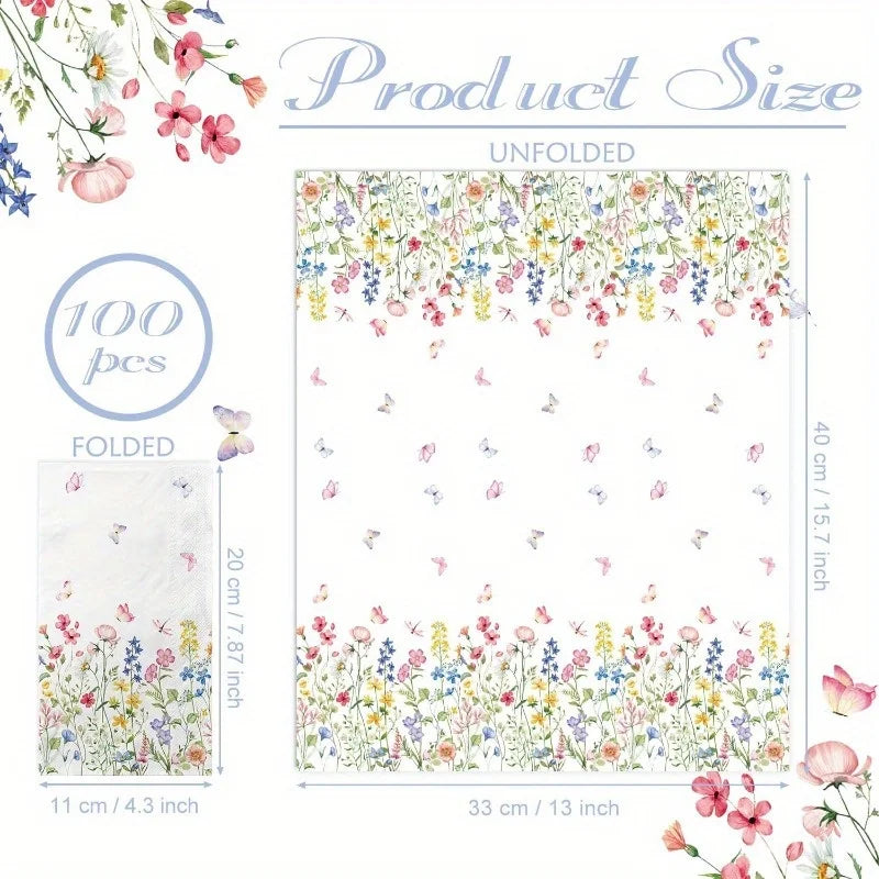 serviettes jetables papier fleurs colorées classiques pack 100pcs blanc rose bleu jaune vert floral