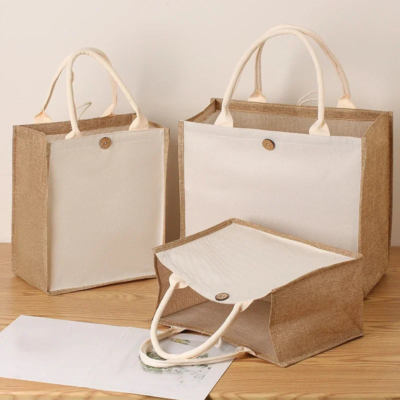 sac main toile jute beige brun clair casual vintage poignées détachables bouton métallique doux