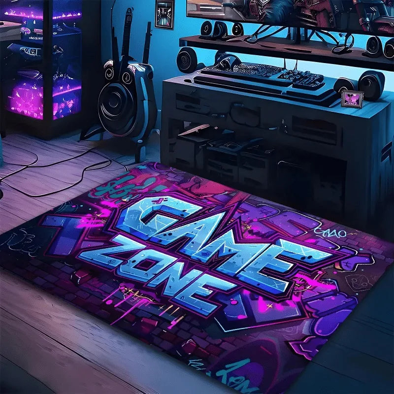tapis polyester antidérapant motif jeux vidéo néon gaming moderne violet rose bleu