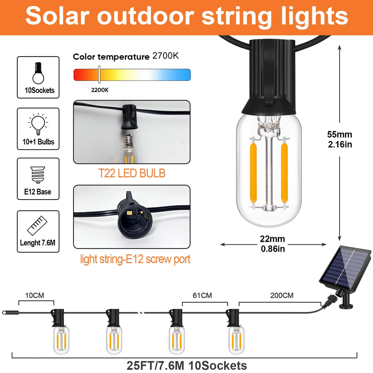 guirlande lumineuse solaire 30m 50 ampoules led t22 transparentes moderne extérieur télécommande