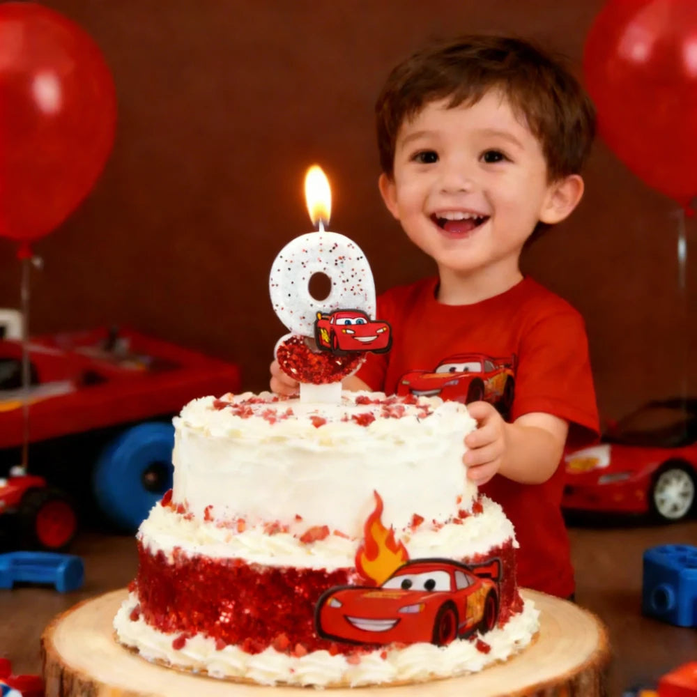 bougies anniversaire thème voiture lightning mcqueen blanc rouge paillettes numérotées