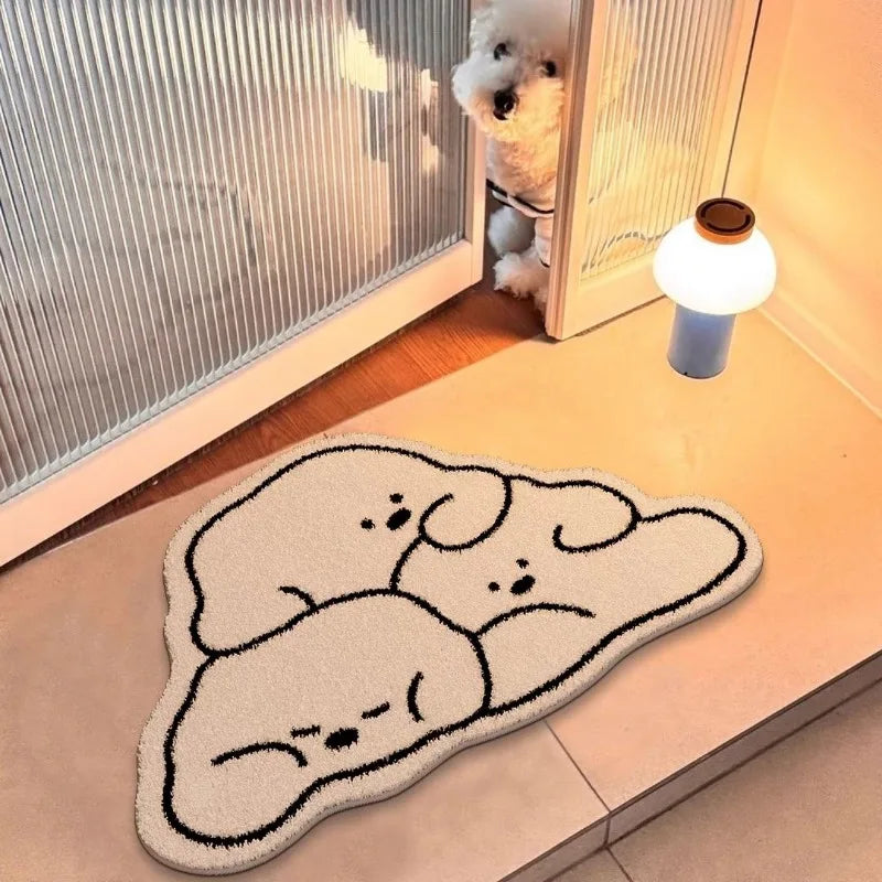 tapis moderne trois chiots dessin animé beige clair noir antidérapant polyester résistant salon chambre