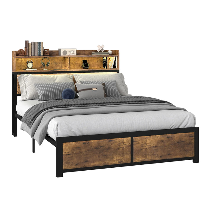 Cadre de lit super king en bois avec tête de lit LED allumée en ambiance bleue