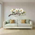 sticker mural fleurs blanches feuilles vertes branches brunes adhésif naturel réaliste chambre salon enfant