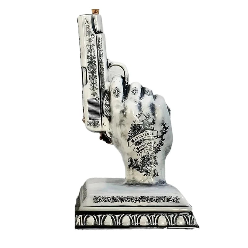 ornements céramique moderne sculpture main pistolet fleur contemporain gothique tatouage floraliaux socle carré