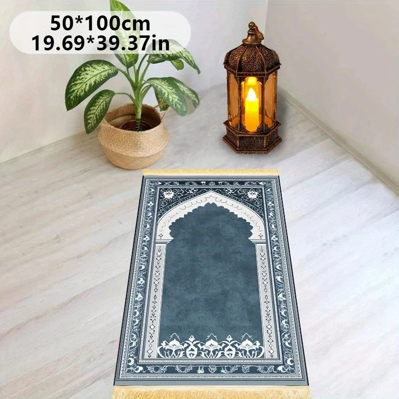 tapis prière bleu foncé motifs floraux doux lavable voyage prayer traditionnel