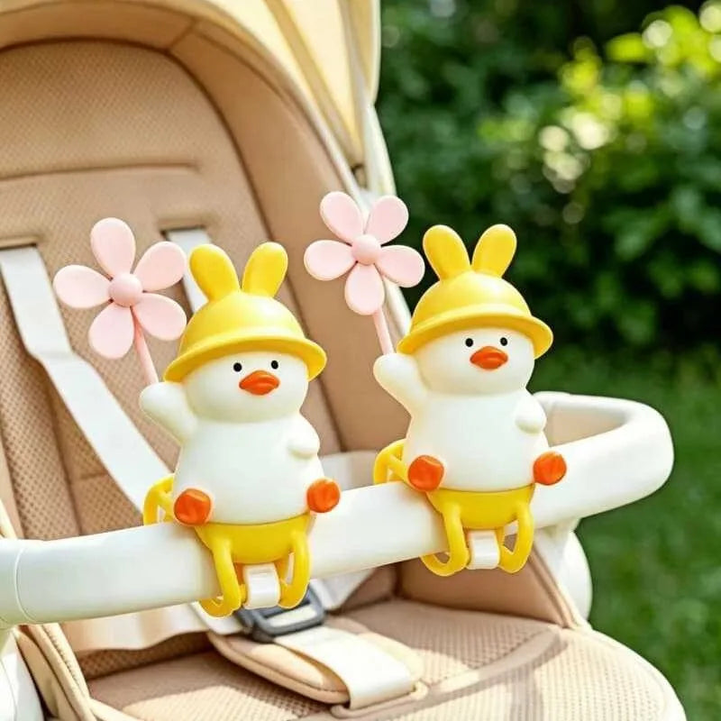 jouet canard jaune oreilles lapin moulin vent rose clip fixation guidon vélo enfantin