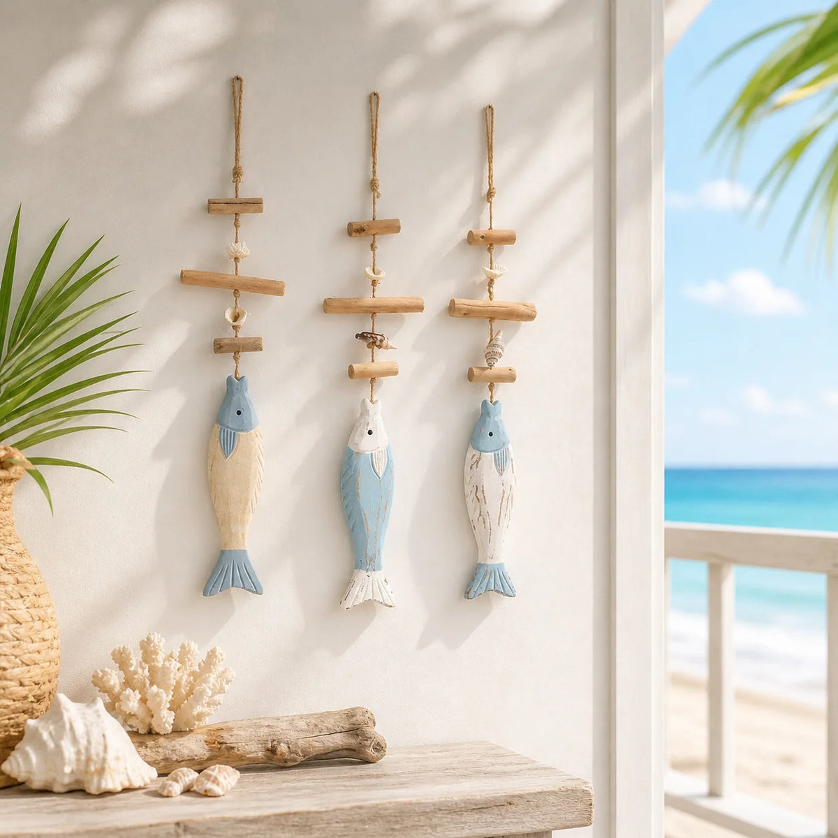décoration murale poissons bois coquillages suspension plage marin bohèmeintérieur sable étoiles mer corail driftwood