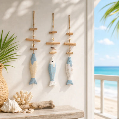 décoration murale poissons bois coquillages suspension plage marin bohèmeintérieur sable étoiles mer corail driftwood