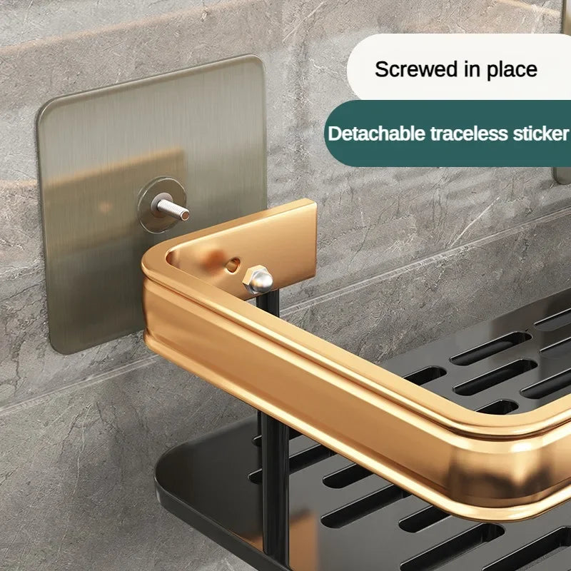 étagères salle bain moderne noires dorées mural sans perçage double niveau aluminium inoxydable