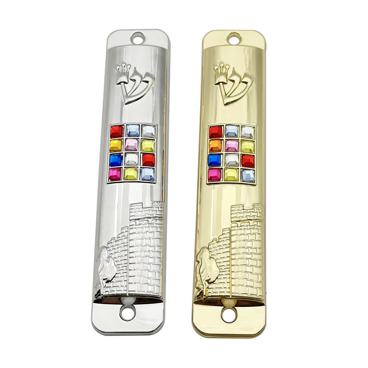 décoration maison mezuzah argenté doré relief architectural strass colorés traditionnel artisanal hanukkah