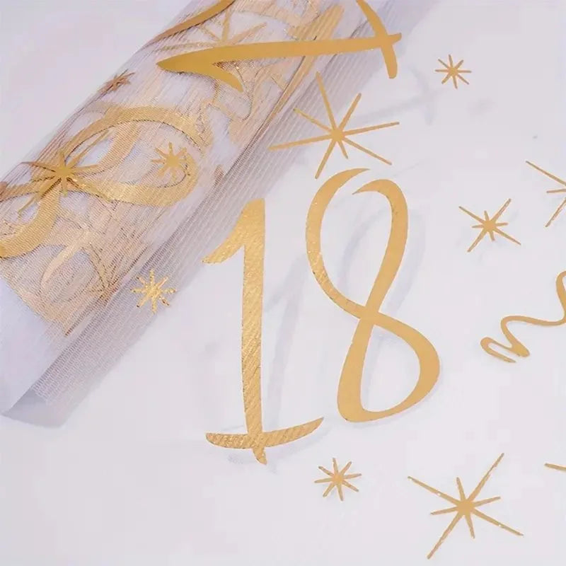 chemin table blanc or imprimé chiffres dorés étoiles abstrait fête anniversaire rouleau 28cm longueur