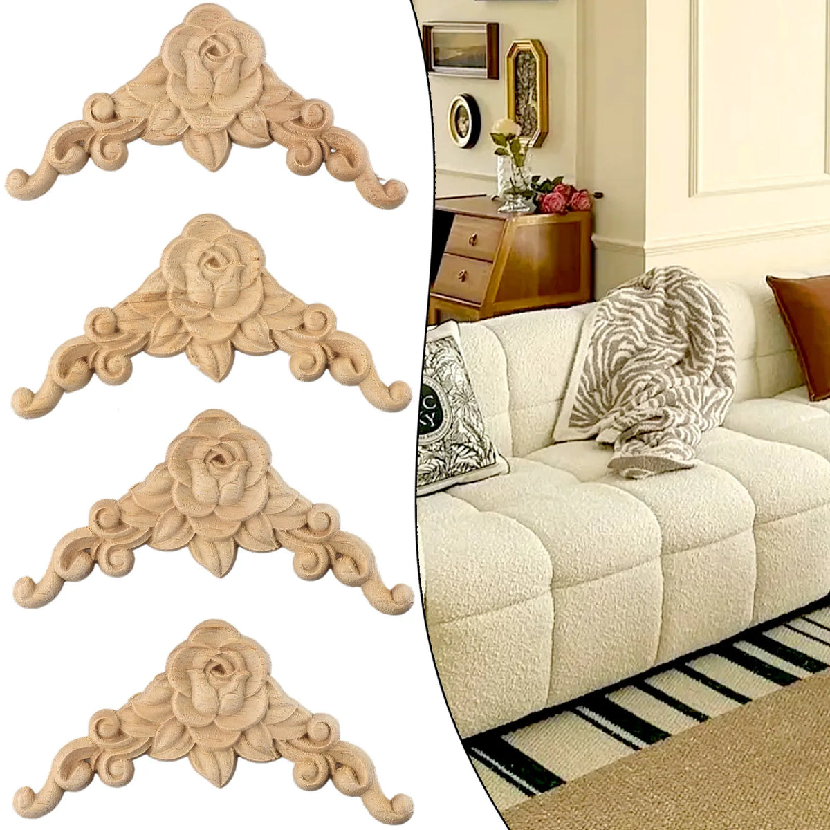 appliques murales décoratives naturel bois brut fleur rose détails floraux classique baroque