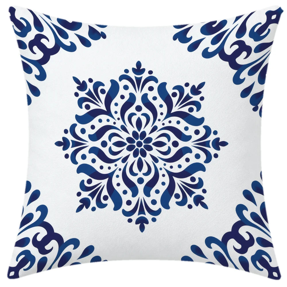 lot housses coussin décoratives bleu blanc motifs floraux géométriques porcelaine