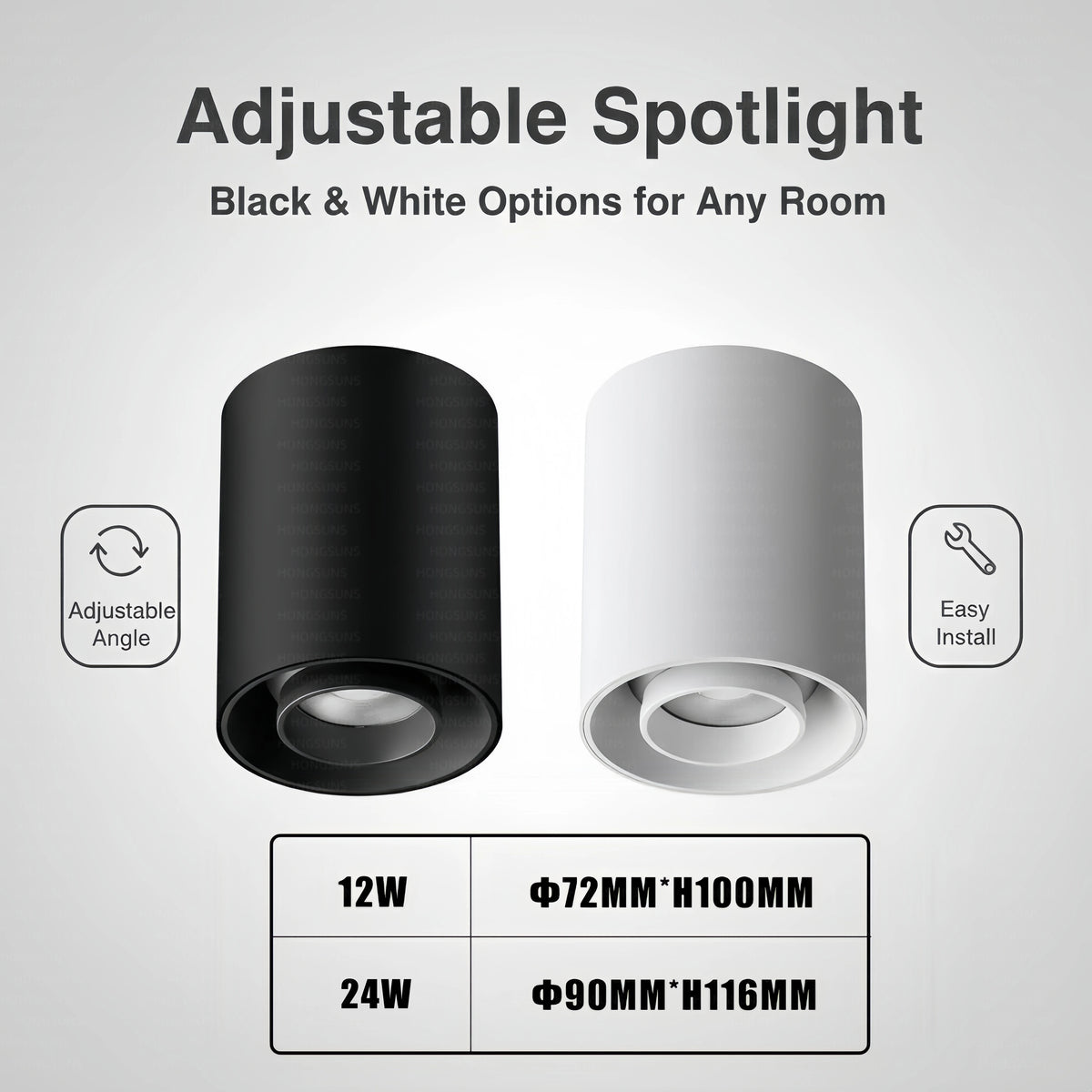 Spot lumineux ajustable LED 12W 3000K 4000K 6000K noir blanc minimaliste