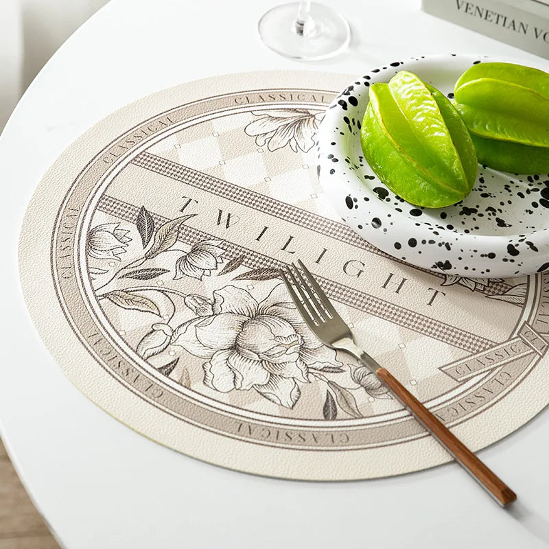 tapis table rond polyestère résistant chaleur décoration intérieure extérieure blanc vert fleurs feuilles papillons