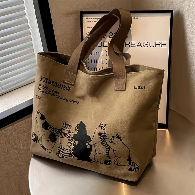 sac main marron chats casual doux polyester toile imprimés animaux fermeture éclair polyvalent