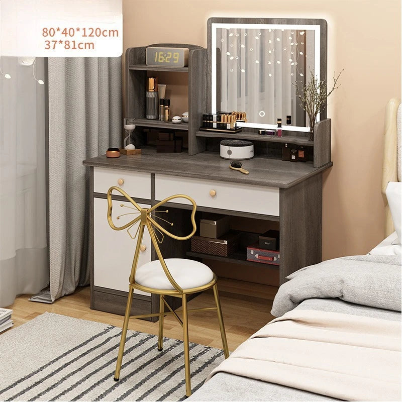 maquillage moderne tiroirs étagères tabouret grand miroir bois naturel gris blanc