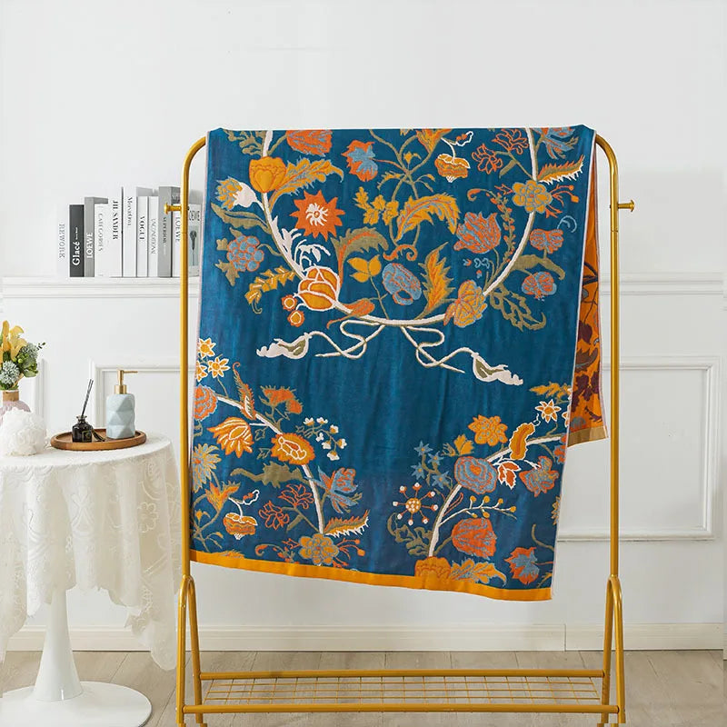 couverture bain coton fleur bleue jaune rapide absorbante machine ethnique traditionnelle