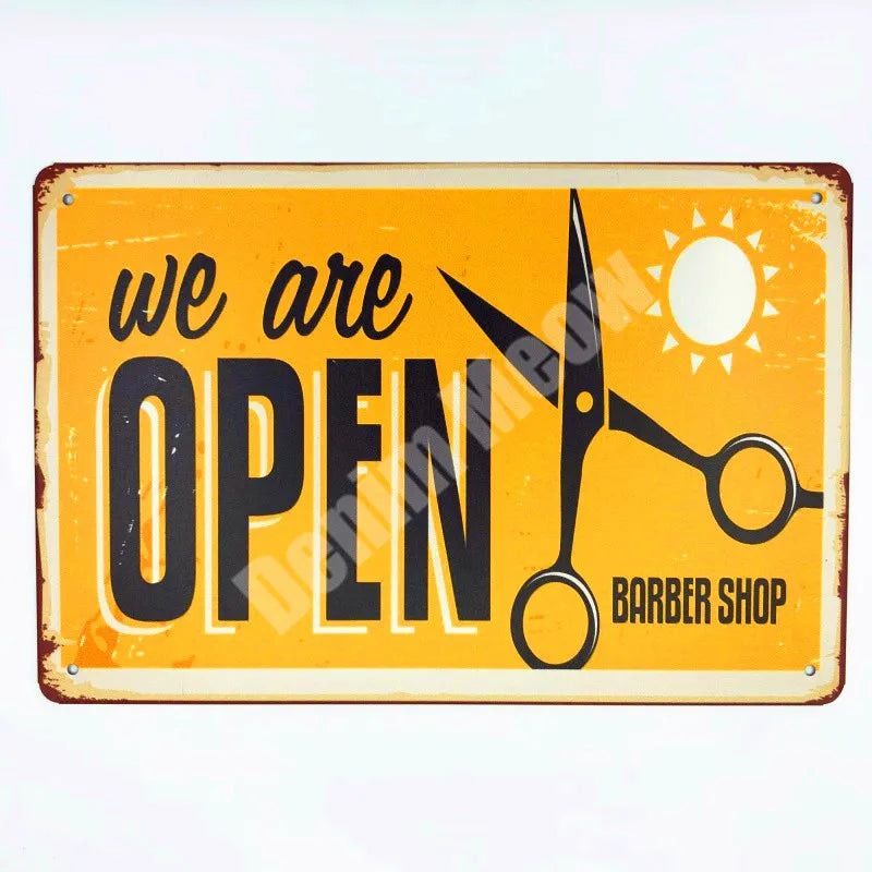 plaque metallique vintage decoration salon coiffure barbershop motif retro orange noir beige murale