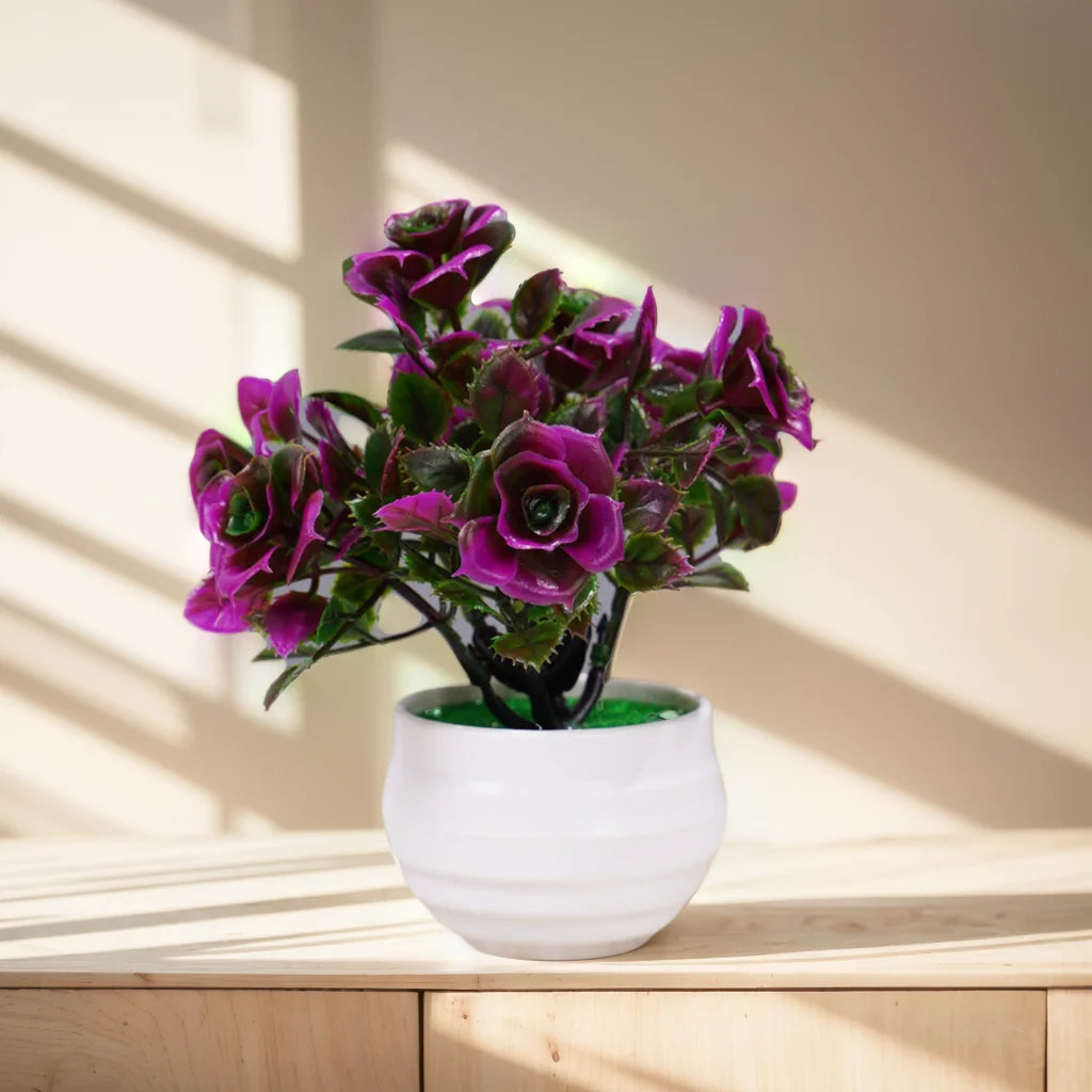 plantes artificielles bonsaï violettes vertes pot blanc feuilles fleurs réaliste maison expositionextérieur