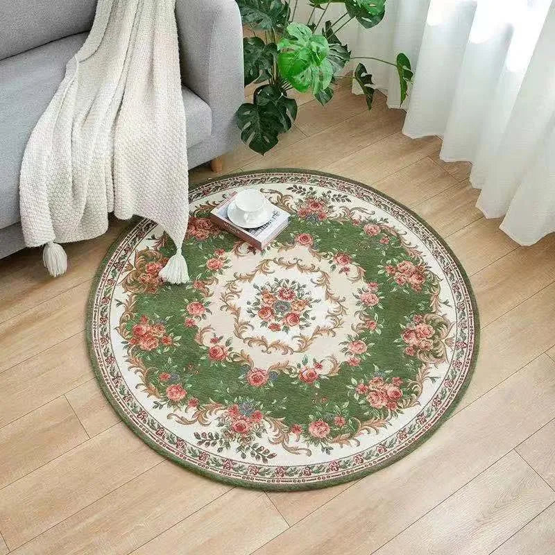 tapis rond floral vintage classique vert beige rose gris chambre salon moderneextérieur