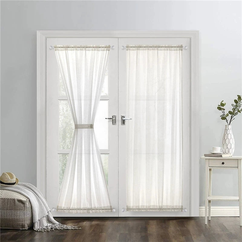 rideaux porte blanc cassé semi transparent texture lin rustique deux panneaux ceinture assortie