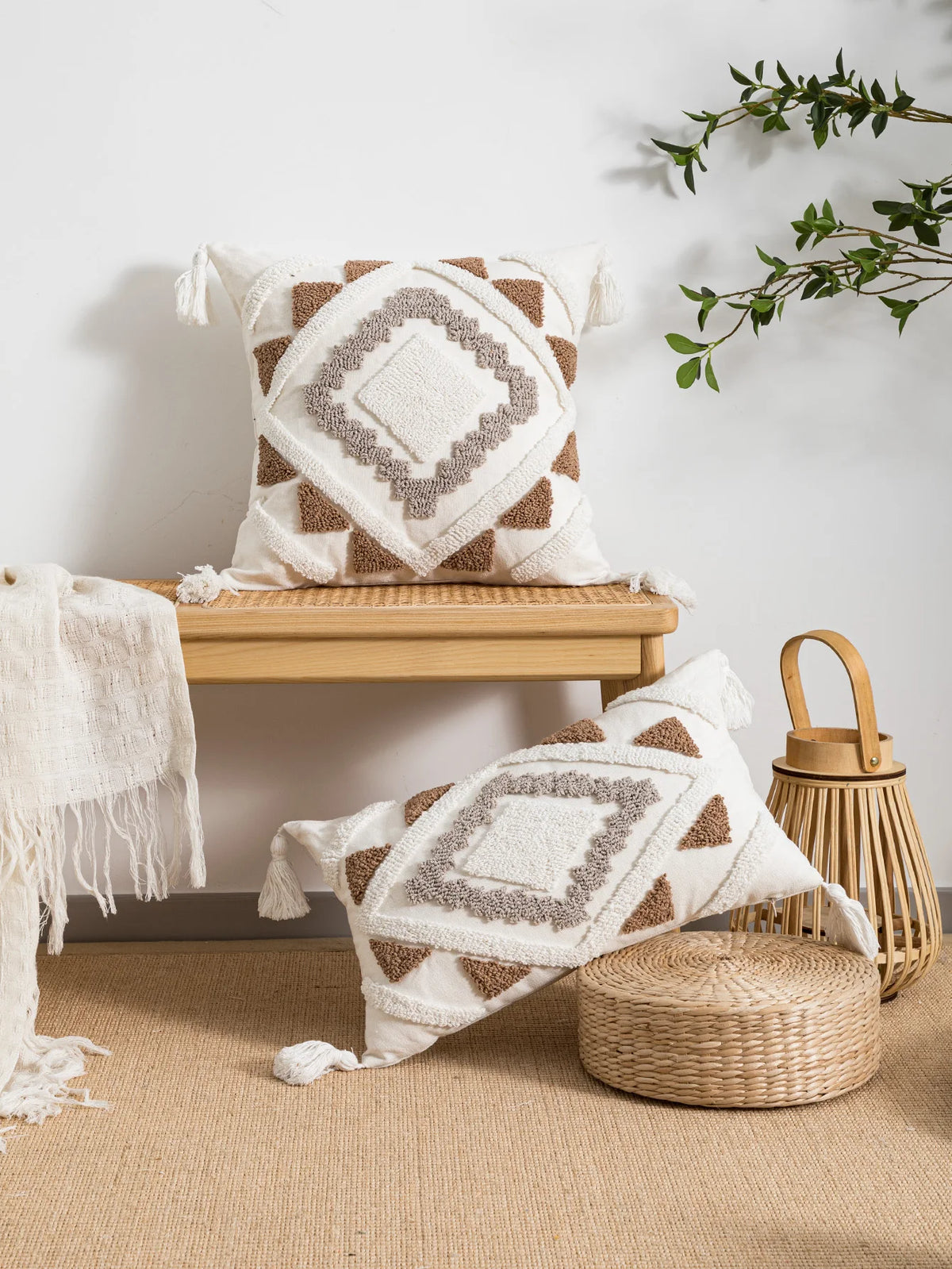 housse coussin géométrique bohème polypropylène blanc marron rose tassel adhésif salon chambre lit voiture