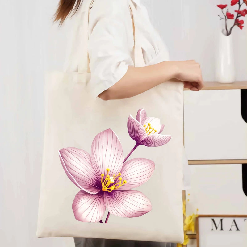 sac main toile beige fleurs roses blanches poignées réutilisable écologique tridimensionnel