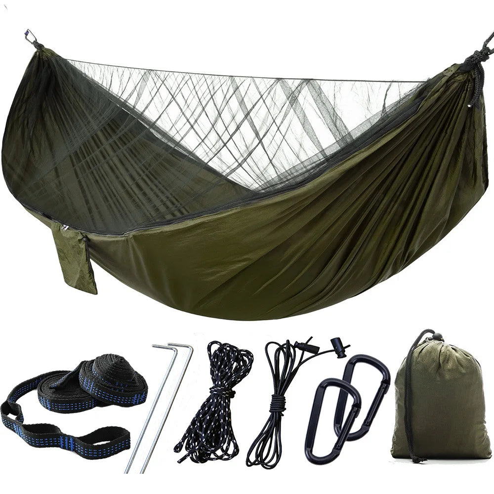 hamac deux personnes vert olive parachute léger filet antimosquitos carabines inox piquets aluminium sac