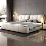 lit moderne tête lit capitonnée blanc crème oreillers couverture carreaux