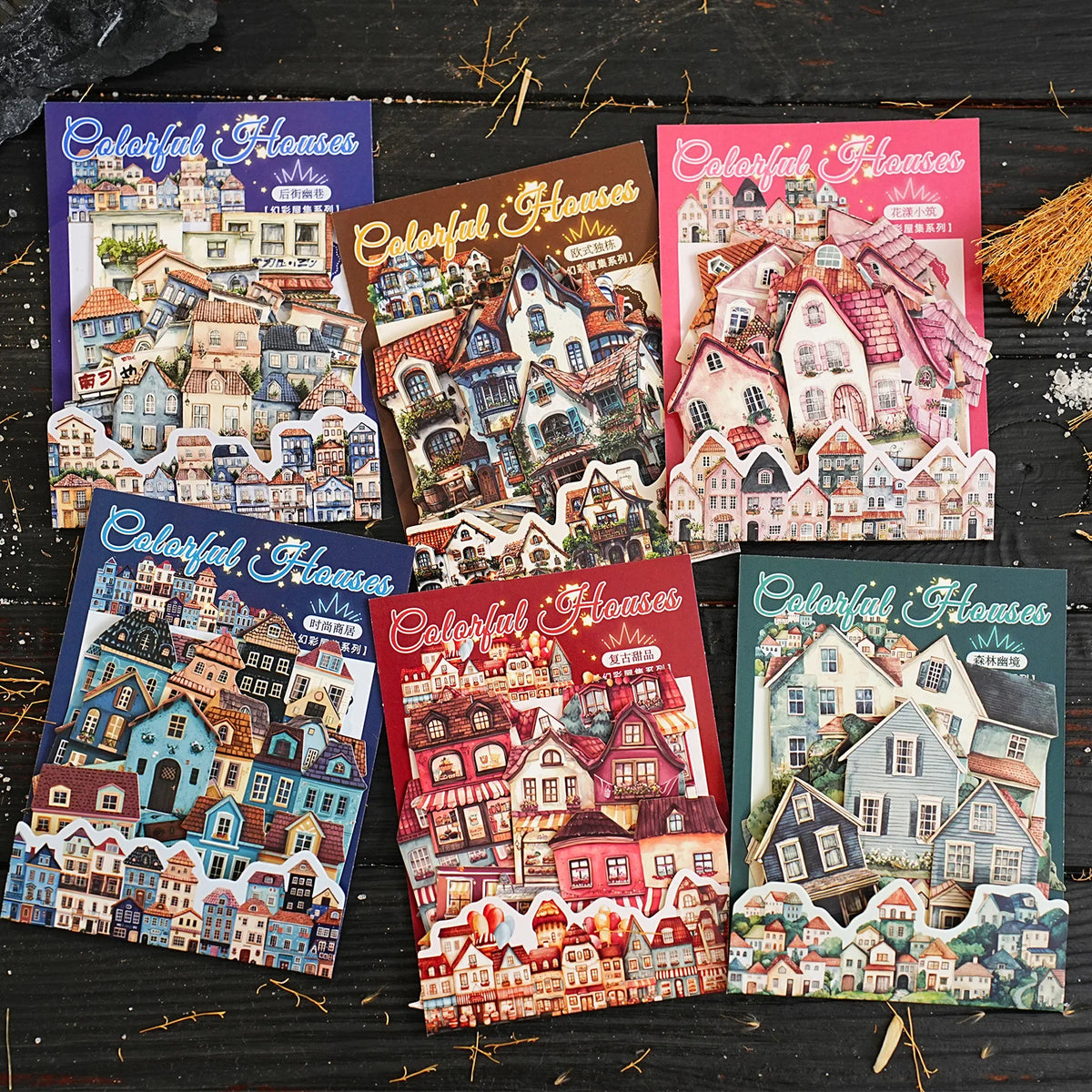 autocollants miniatures maisons colorées illustratives scrapbooking diy papier décors albums bleu rouge blanc vert
