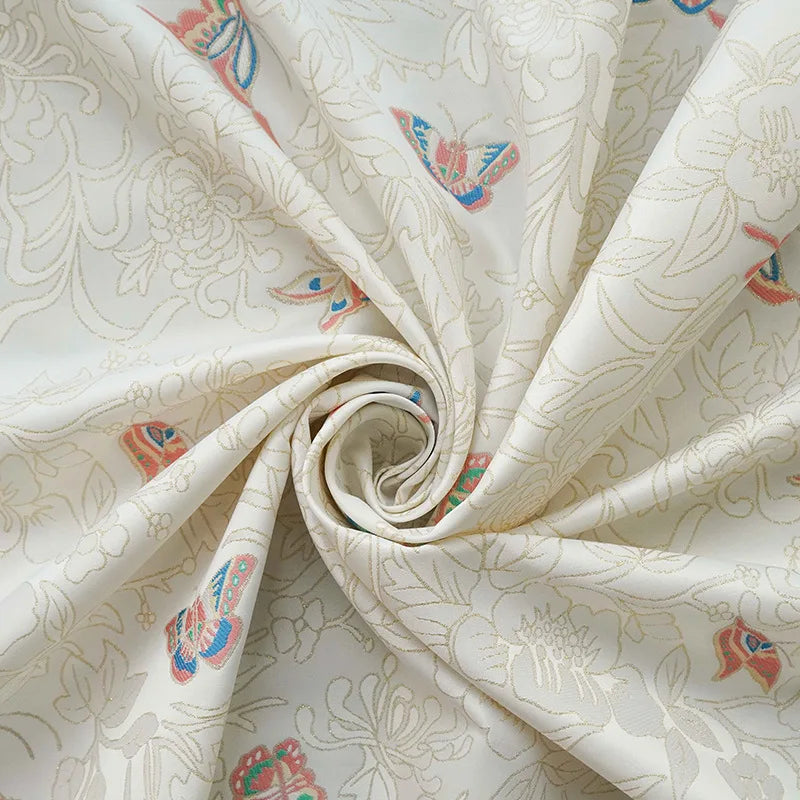 tissu brocart floral papillons couleurs douces élégant polyester largeur 160cm classique motifs brillants opacité